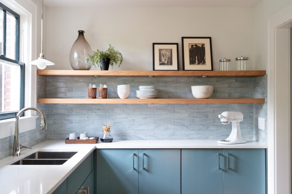 Minimalism Kitchen Blue Cabinets Wood Shelves Jill Howard Interior Design